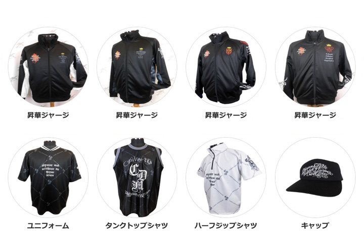 Catalog collage of eight apparel items: four sublimation jerseys on top row, and bottom row showing a uniform, tank-top shirt, half-zip shirt, and a cap, each with Japanese captions beneath.