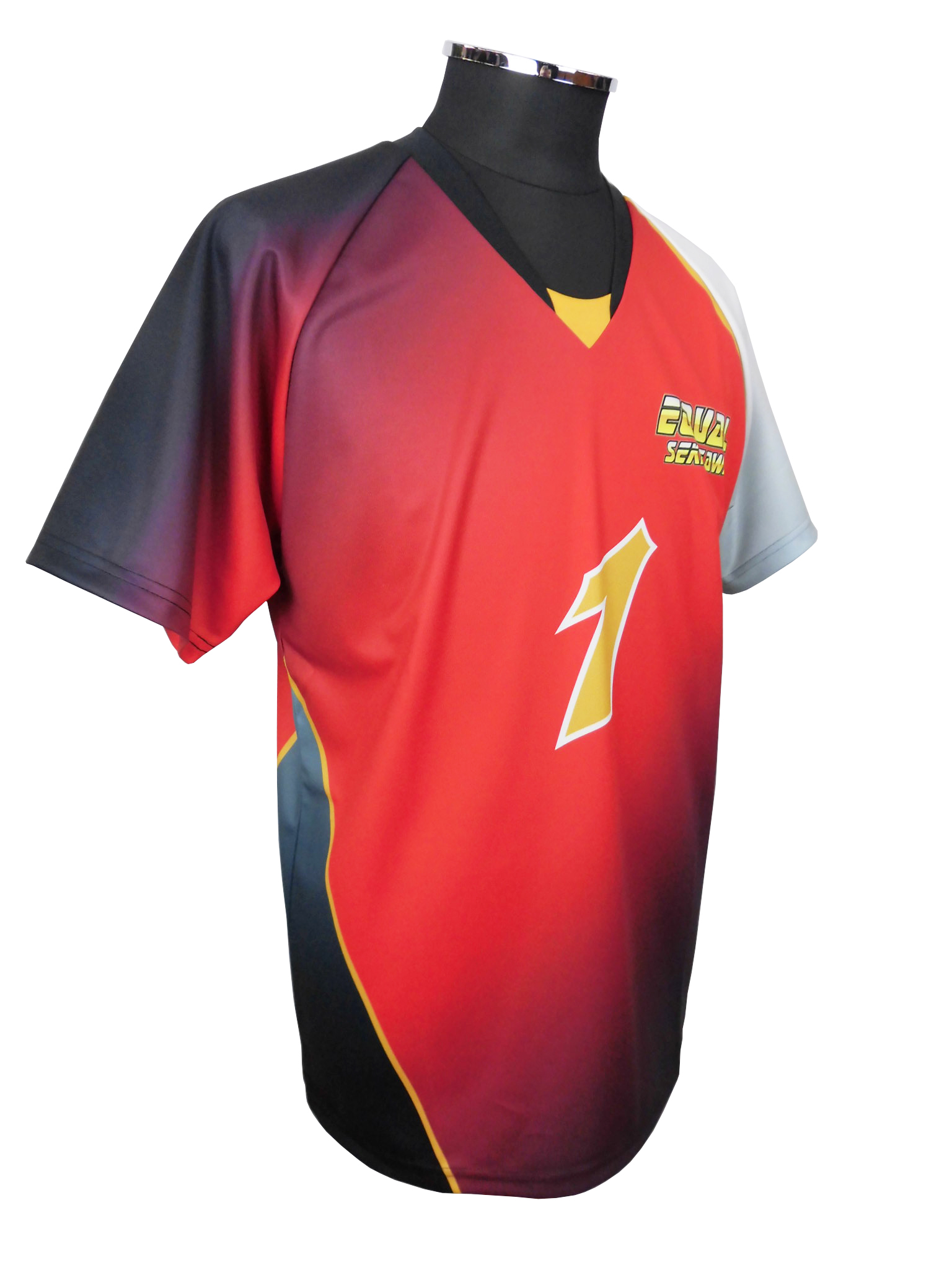 Red athletic jersey with black gradient sleeves and the number 1 on the front, displayed on a mannequin form with a small chest logo.