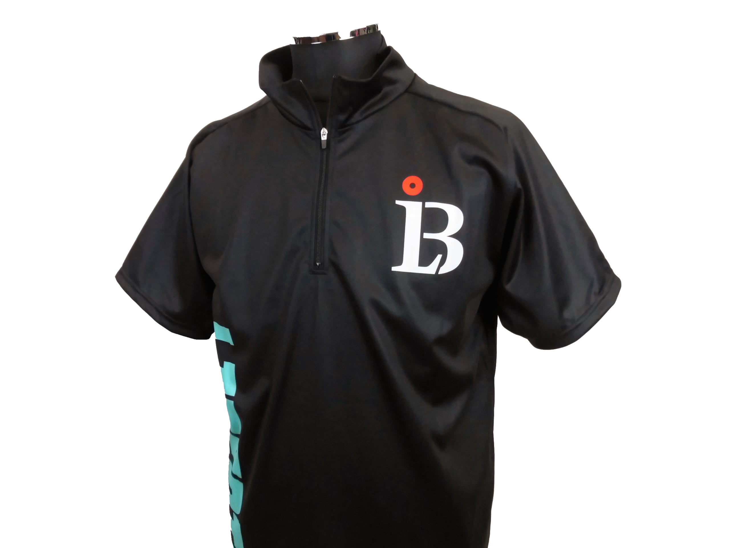 Black zip-front jacket on a torso display, with a white 'B' logo and an orange dot on the chest area.