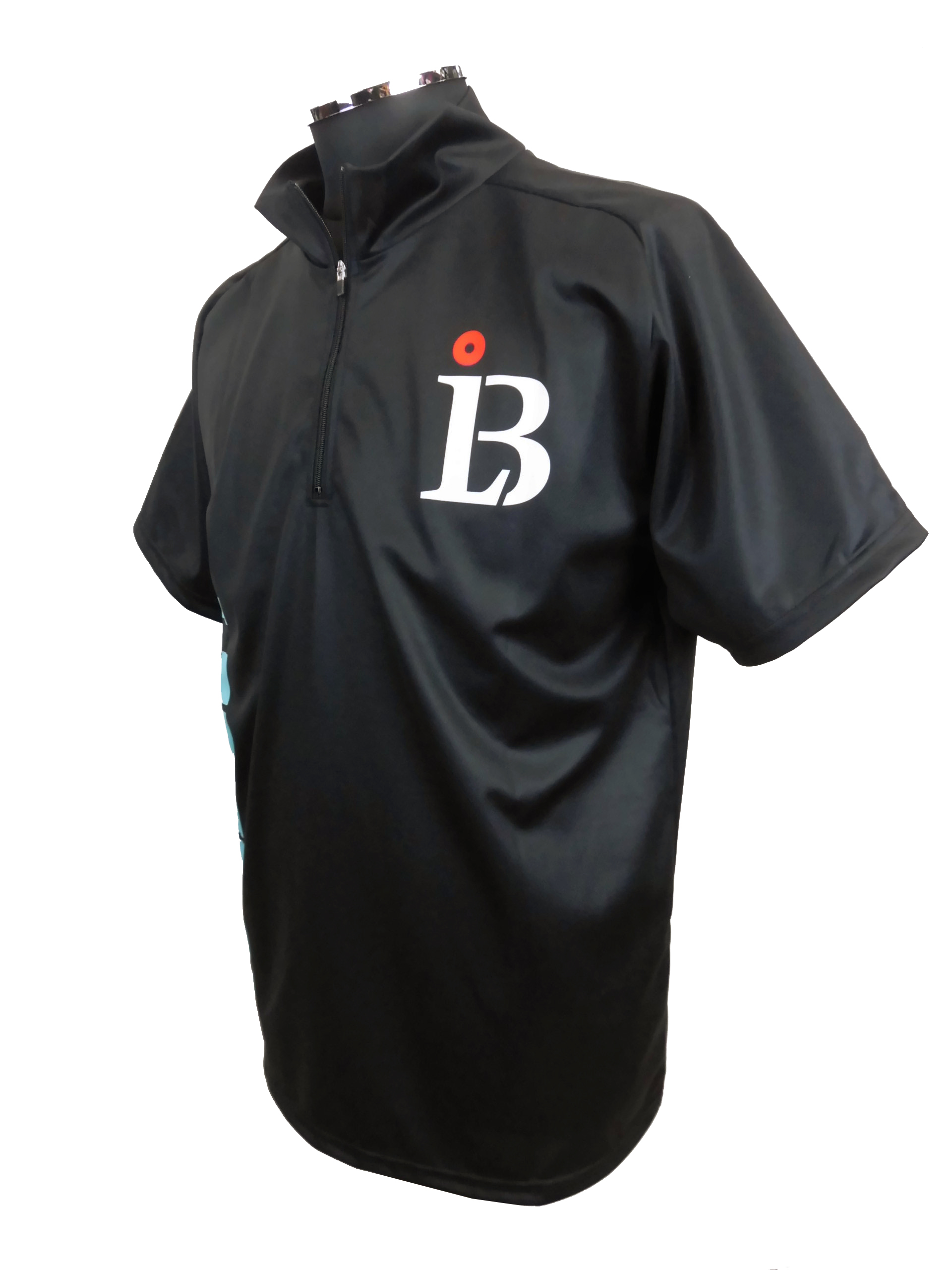 Black lightweight jacket on a mannequin, visible white 'IB' logo with a red dot on the left chest, high collar and zipper