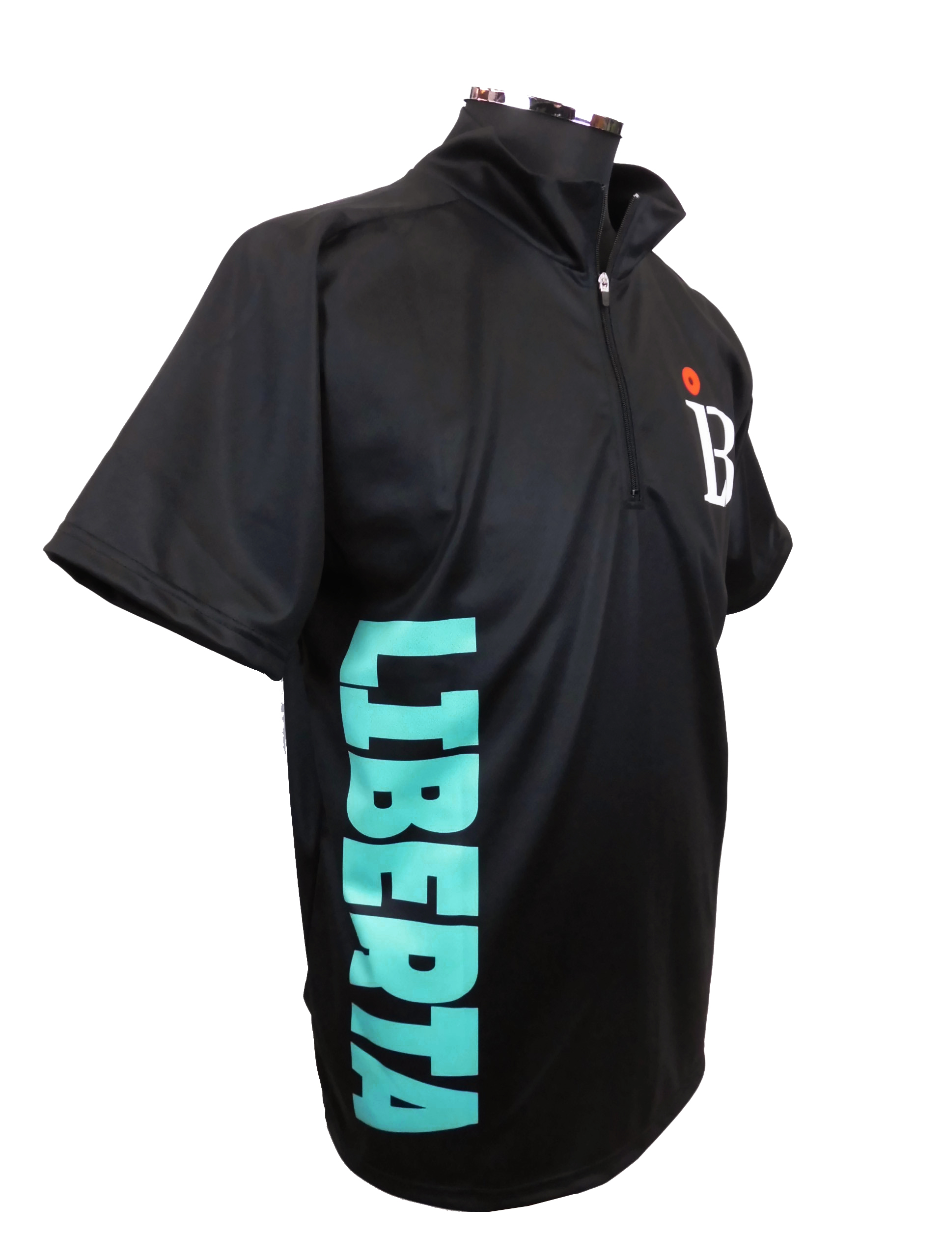 Black short-sleeve pullover with a half-zip collar on a mannequin, featuring teal vertical text along the side and a white 'B' logo on the chest.