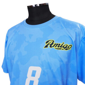 Blue camo sports jersey on a display bust with the 'Amigo' logo and the number 8 visible on the front.