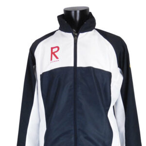Color-block zip-up jacket on a mannequin: white chest, navy midsection, black sleeves, red R logo on the left chest.