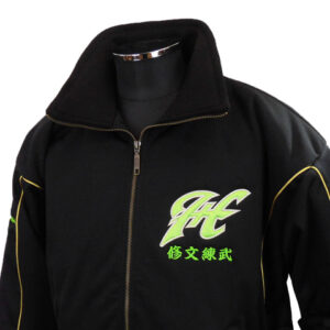 Black zip-up jacket with a neon green logo (letters HL) on the left chest and matching green Japanese characters beneath it.