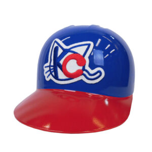 Blue and red baseball cap with a white cartoon cat logo on the front.