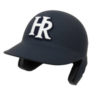 Dark batting helmet with white embroidered HR logo on the front, includes ear guards for protection