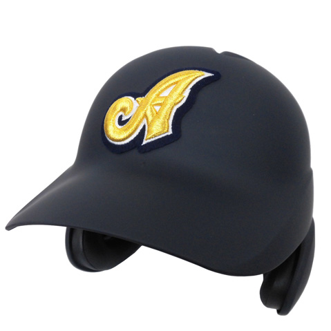Baseball helmet in dark color with a yellow embroidered 'A' logo on the front and ear guards on the sides