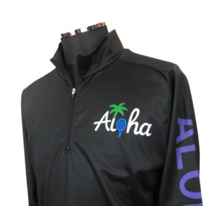 Black quarter-zip pullover with an Aloha logo (palm tree and globe) on the chest and purple 'ALOHA' lettering along the right sleeve.