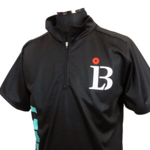 Black short-sleeve athletic zip-top with a stand collar, teal side accents, and a white 'LB' logo with a red dot on the chest.