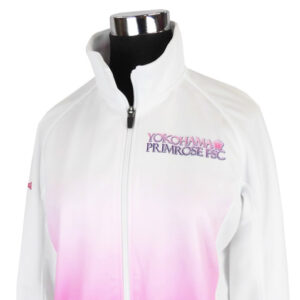 White zip-up jacket on a mannequin, with a pink gradient at the bottom and an embroidered Yokohama Primrose FSC logo on the chest.