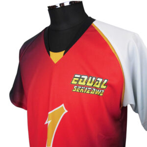 Red athletic jersey with yellow number 1 and 'EQUAL SEKIZAWA' logo on chest, displayed on a mannequin.