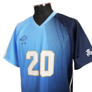 Blue soccer/athletic jersey on a mannequin with the number 20 in white and gold outlines on the front; light blue body with dark blue sleeves and diagonal stripe design on the right chest area.