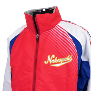 Red zip-up sports jacket with white and blue panels and a Nakayoshi logo on the chest.