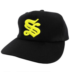 Black baseball cap with a bright yellow embroidered symbol on the front panel.