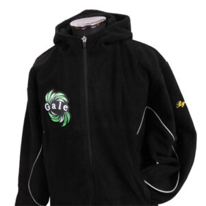 Black zip-up hoodie on a mannequin with a green circular logo on the left chest and yellow embroidery on the right sleeve.