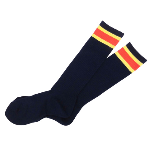 Navy blue knee-high socks with red and yellow striped tops, laid side by side as a pair