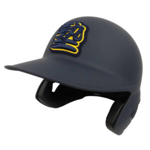 Gray batting helmet with a yellow LSU-style logo on the side and a black face guard, used for protective sports gear.