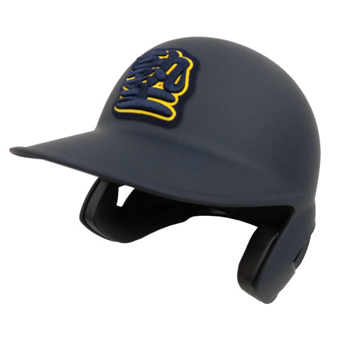 Gray batting helmet with a yellow LSU-style logo on the side and a black face guard, used for protective sports gear.