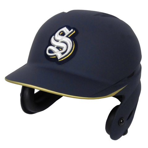 Navy blue baseball helmet with yellow trim and a white embroidered 'S' logo on the front.