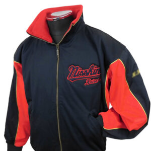 Navy blue and red zip-up jacket on a mannequin, featuring a Nishiki logo on the chest and red sleeve panels.