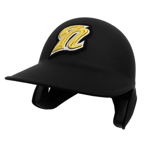 Black baseball batting helmet with a yellow embroidered logo on the front and ear guards