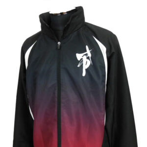 Black athletic zip-up jacket with white side panels and a red-to-navy gradient, standing collar, and a white logo on the left chest.