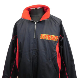 Black windbreaker with a bright red inner collar and red accents, zipper front, and 'EVIDENT' embroidered in yellow on the chest on a dress form.