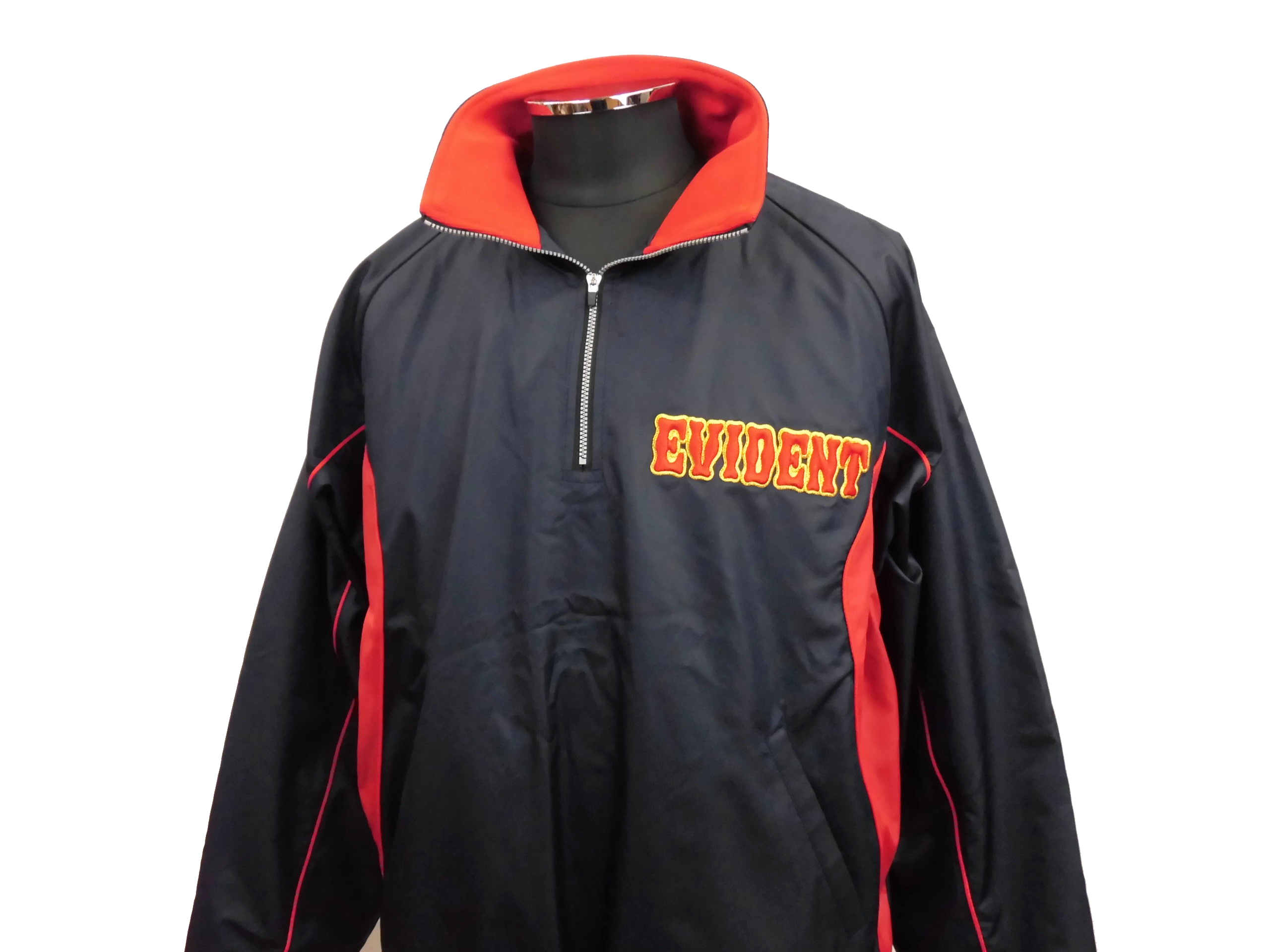 Black windbreaker with a bright red inner collar and red accents, zipper front, and 'EVIDENT' embroidered in yellow on the chest on a dress form.