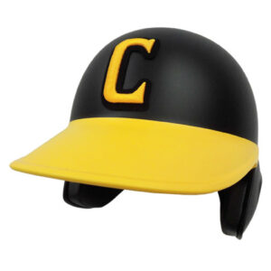 Black baseball helmet with a yellow brim and a yellow 'C' emblem on the front, with ear guards visible.