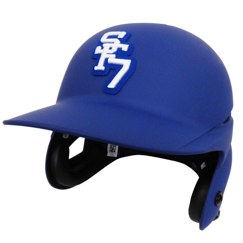 Blue baseball helmet with a white 'CS' logo on the front and black ear guards visible