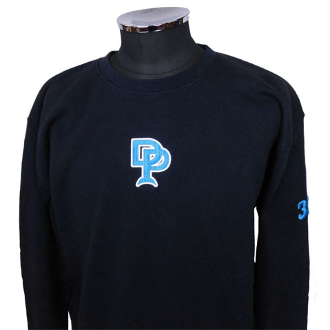 Navy sweatshirt on a dress form with a light-blue interlocking DP logo on the chest and a blue '37' on the left sleeve.
