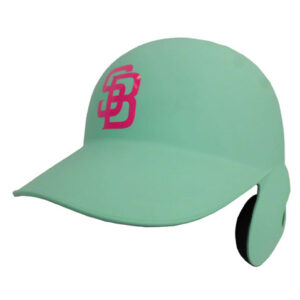 Mint green baseball cap with attached ear flaps and a pink interlocking SB logo on the front, shown from the side.