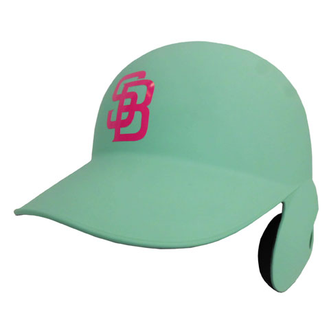 Mint green baseball cap with attached ear flaps and a pink interlocking SB logo on the front, shown from the side.