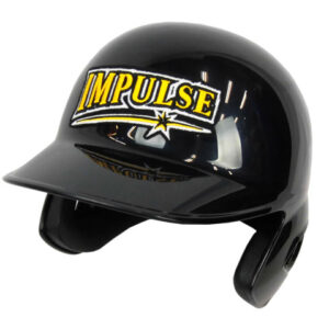 Black Impulse batting helmet with a yellow logo, reflecting light on a white background