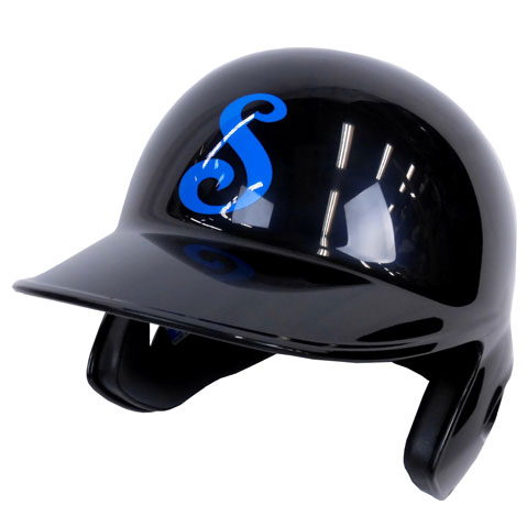 Black protective helmet with a blue stylized 'S' logo on the side and ear guards.