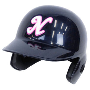 Dark blue baseball helmet with pink-outlined 'N' logo on the front, designed for batting protection.