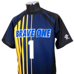 Blue and black athletic jersey with yellow vertical stripes and BRAVE ONE across the chest, number 1.