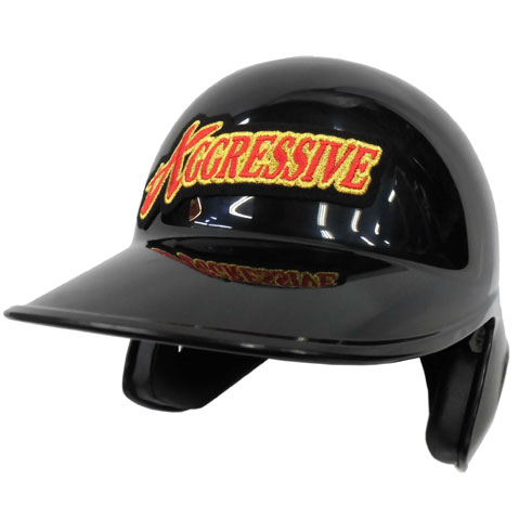 Black glossy helmet with a red and yellow Progressive logo on the front edge.