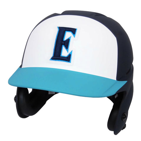 White and teal baseball batting helmet with a teal brim and a bold blue 'E' logo on the front, featuring ear flaps for protection.