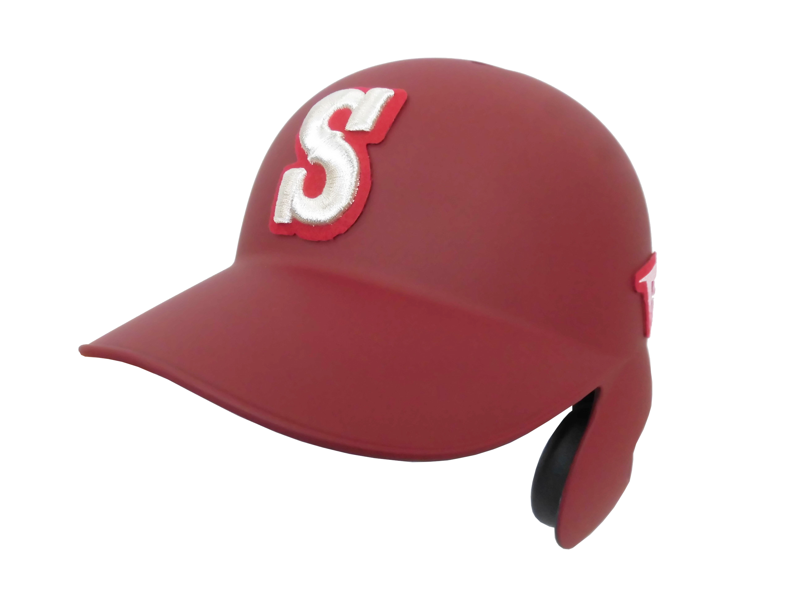 Close-up of a maroon helmet with a white and red embroidered S logo on the side.