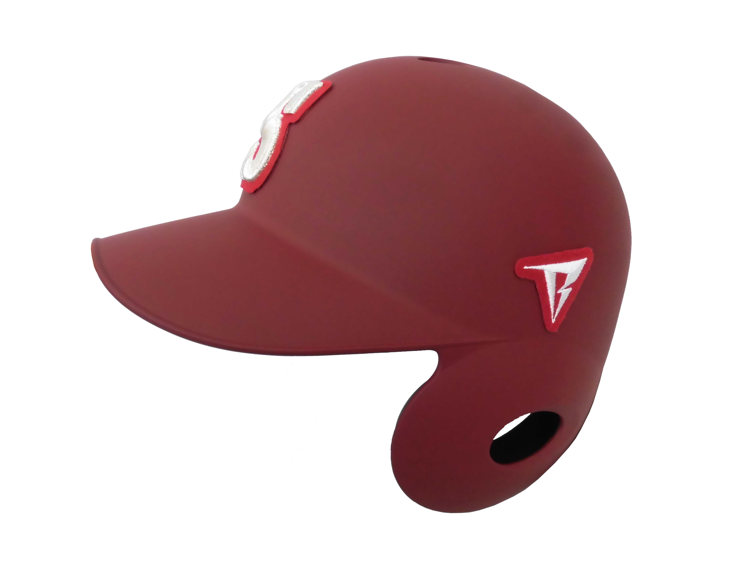 Close-up of a red helmet displaying white stitched patches on the side and a curved shape against a white background, suggesting protective headgear.