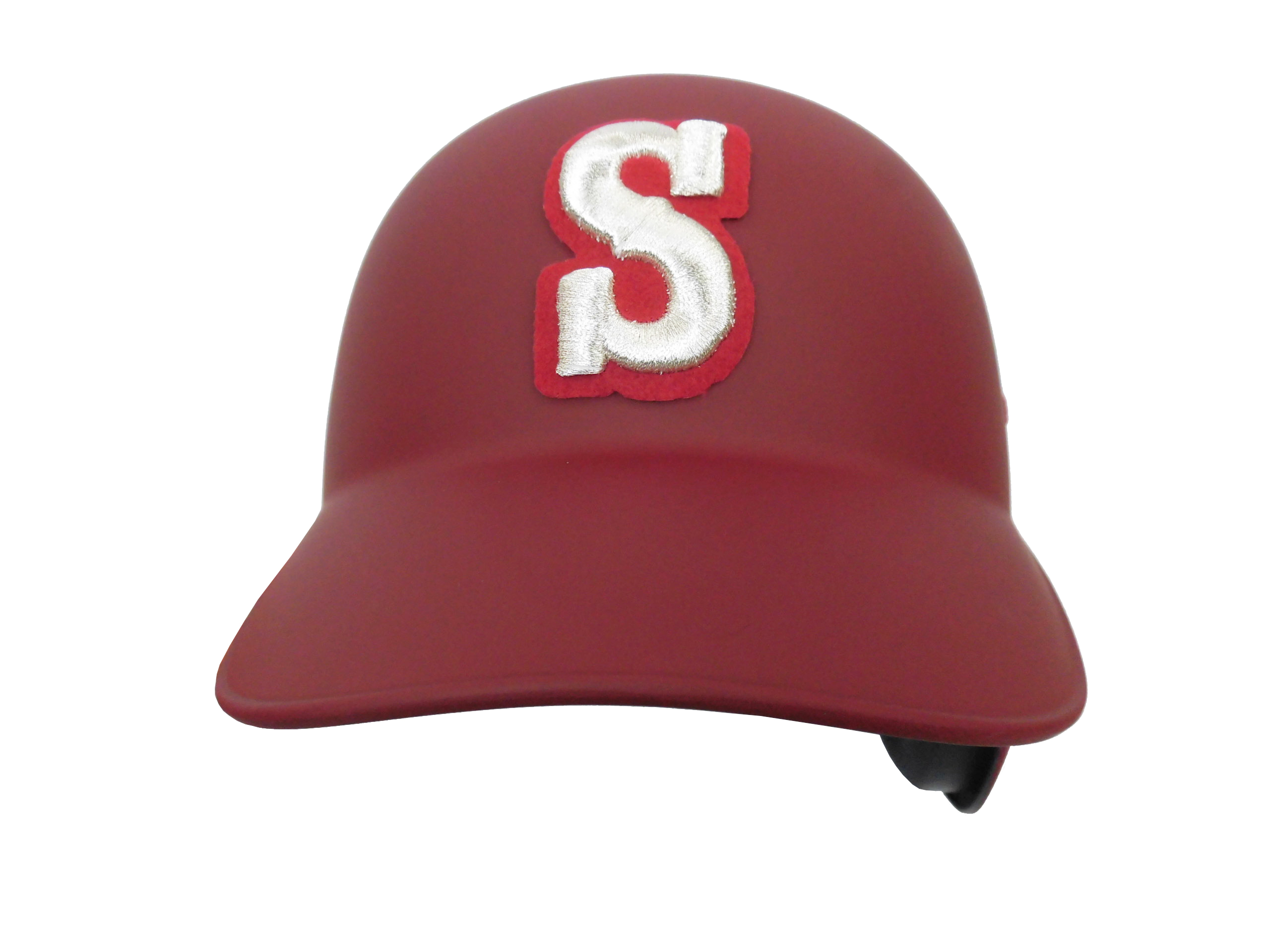 Red baseball cap featuring a white embroidered letter 'S' with a red outline on the front panel