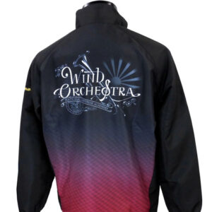 Back view of a black wind orchestra jacket featuring a gradient red-to-pink bottom and white decorative logo reading 'Wind Orchestra' with a sunburst design above.