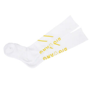 Pair of white athletic socks with yellow branding, laid flat.