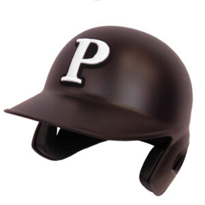 Brown protective helmet with a white letter 'P' on the front, shown from a side angle.