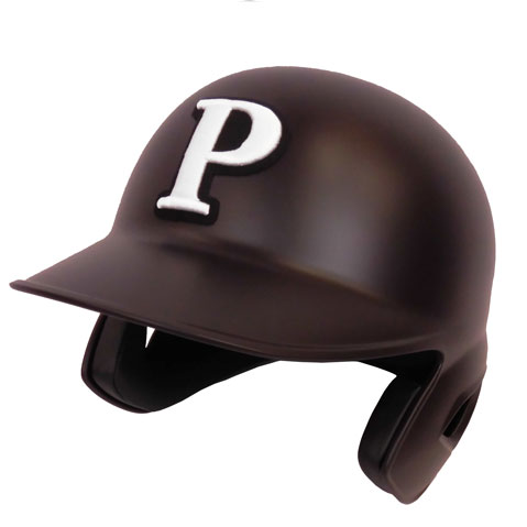 Brown protective helmet with a white letter 'P' on the front, shown from a side angle.