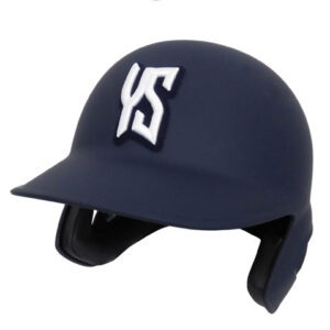 Navy blue baseball helmet with a white 'US' logo, shown from the side with ear guards