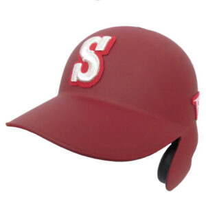 Red baseball batting helmet with white embroidered 'S' logo and ear protection flaps