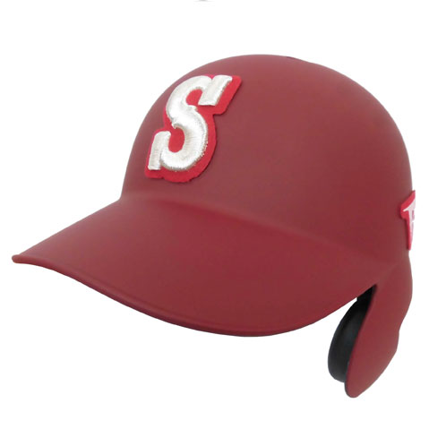 Red baseball batting helmet with white embroidered 'S' logo and ear protection flaps