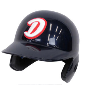 Dark gray baseball helmet with a red-and-white 'D' logo on the front, shown from a side angle with ear guards visible: informative product photo.
